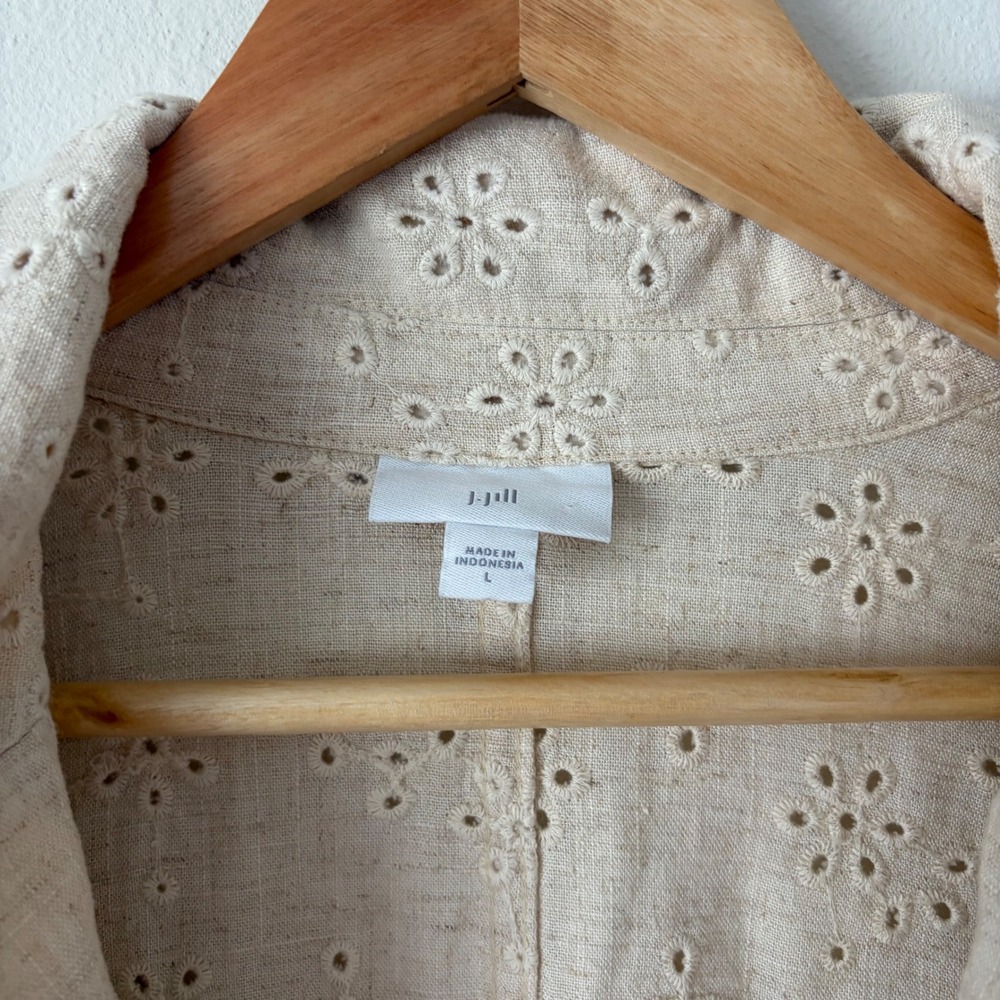 J. Jill Large Linen Blend Eyelet Floral Blazer Jacket Beige Tan Cottagecore - Picture 3 of 9